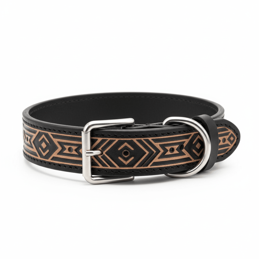 Aztec Black Leather Dog Collar - Handcrafted European Artisan Design - A Horizon Dawn