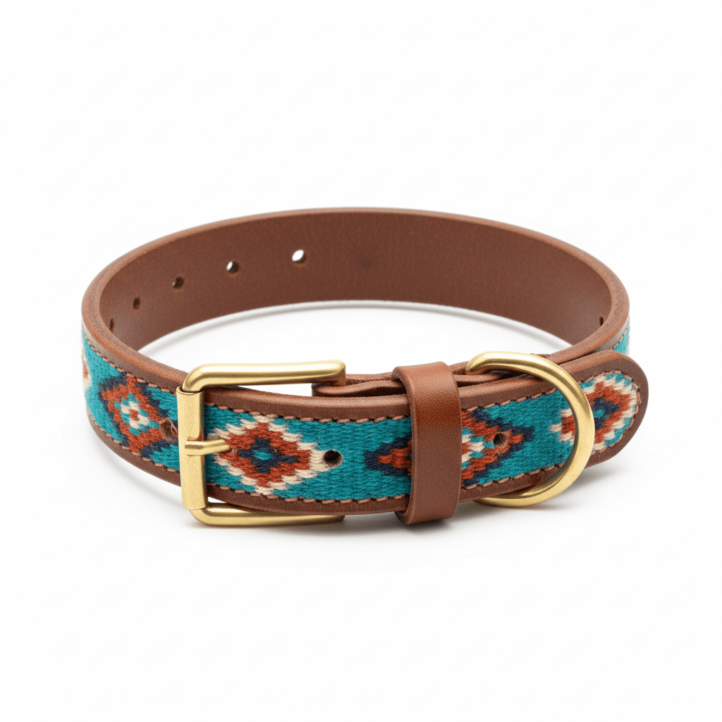 Aztec Brown Leather Dog Collar - Handcrafted European Artisan Design - A Horizon Dawn
