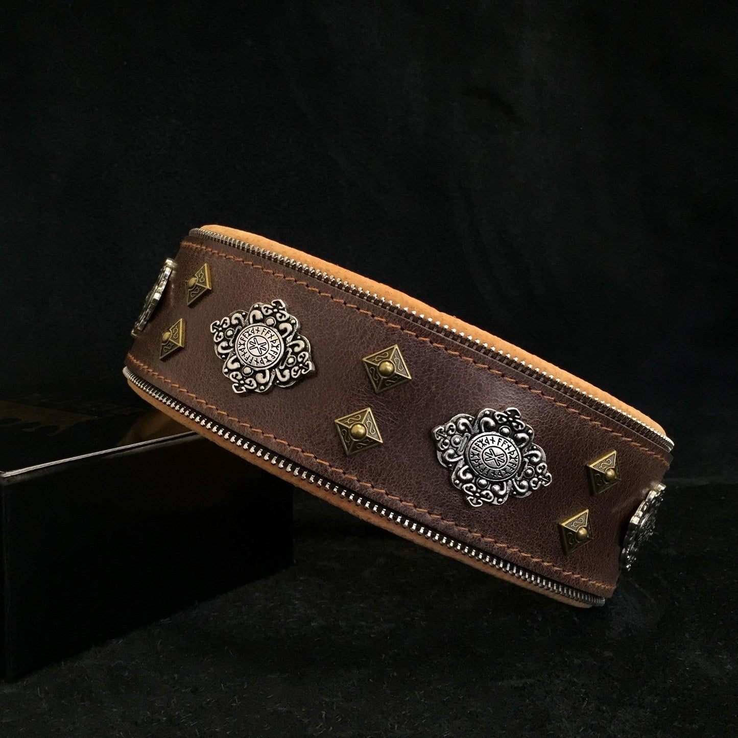 Aztec Brown Leather Dog Collar - Handcrafted European Artisan Design - A Horizon Dawn