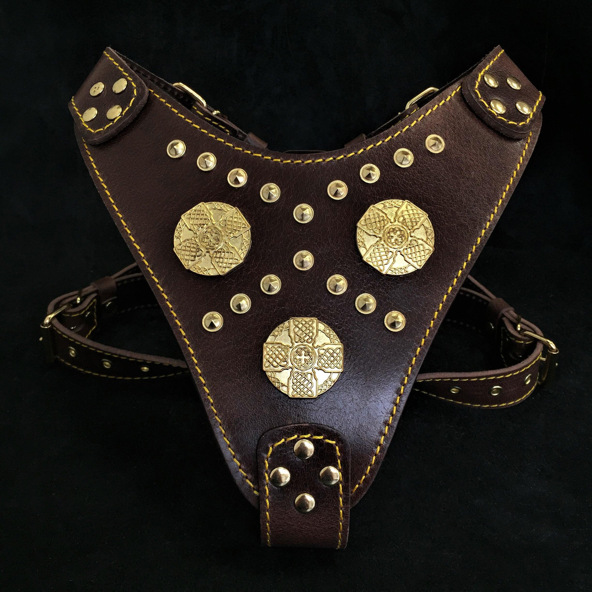 Bestia Maximus brown leather harness with brass studs and Celtic medallions