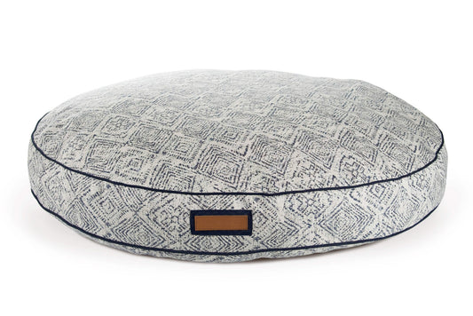 Round Pet Bed in Sapphire Spaniel - USA Made Sunbrella Fabric - A Horizon Dawn