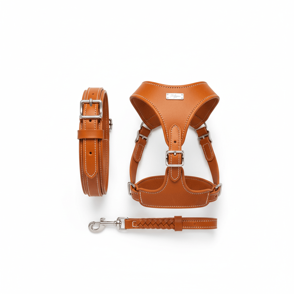 The Bijou Complete Set - Collar, Harness & Leash in Orange | European Leather - A Horizon Dawn