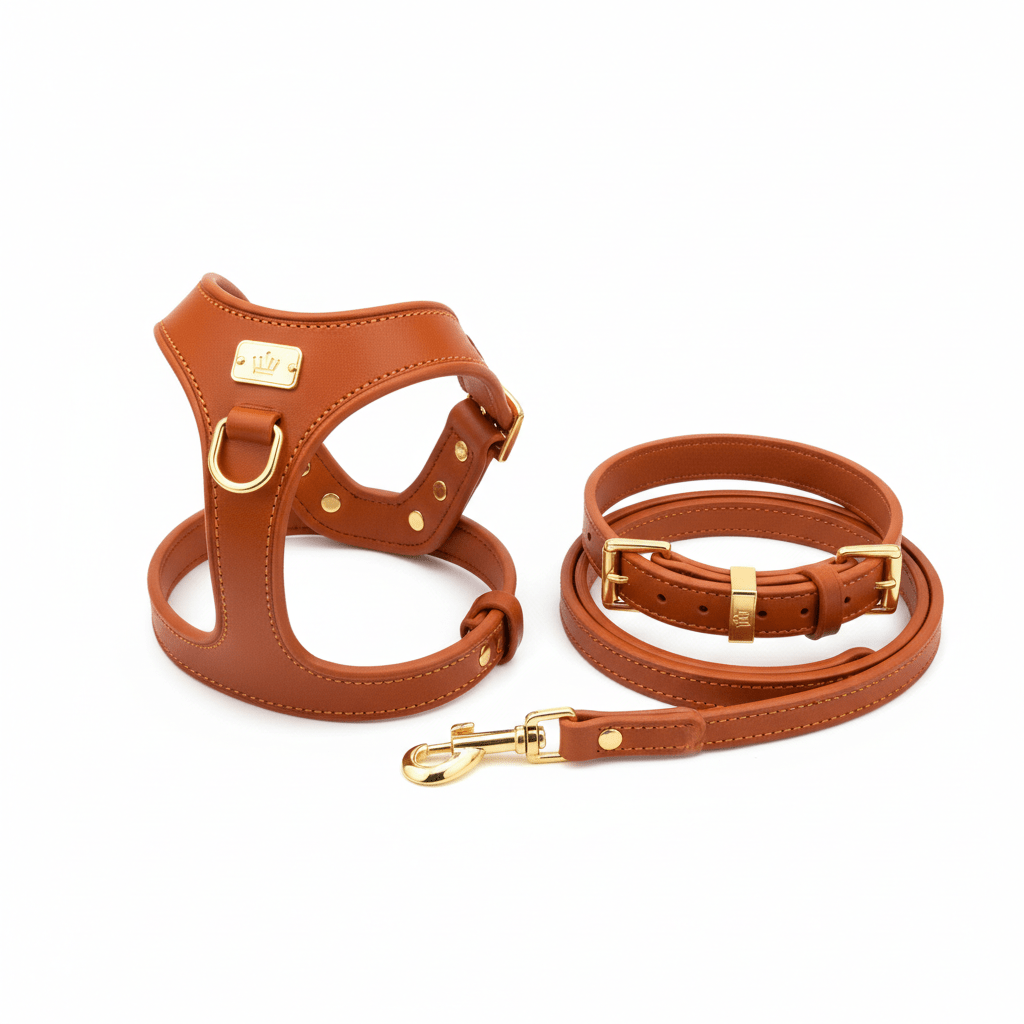 The Bijou Complete Set - Collar, Harness & Leash in Orange | European Leather - A Horizon Dawn