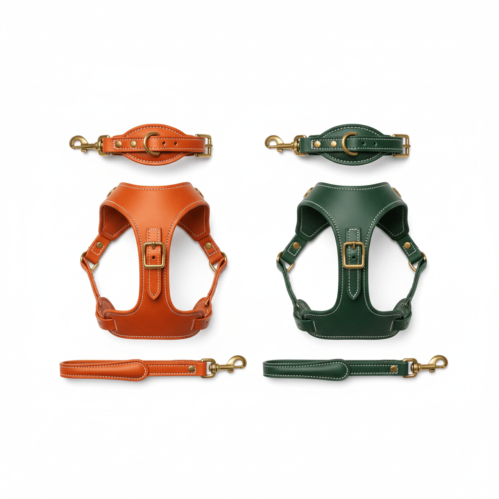 The Bijou Complete Set - Collar, Harness & Leash in Orange | European Leather - A Horizon Dawn